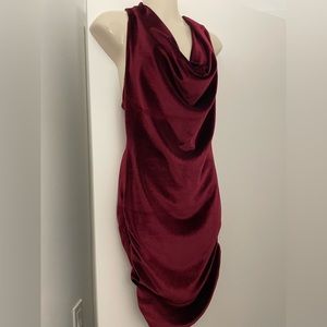 Deep burgundy stretch velvet ruched dress